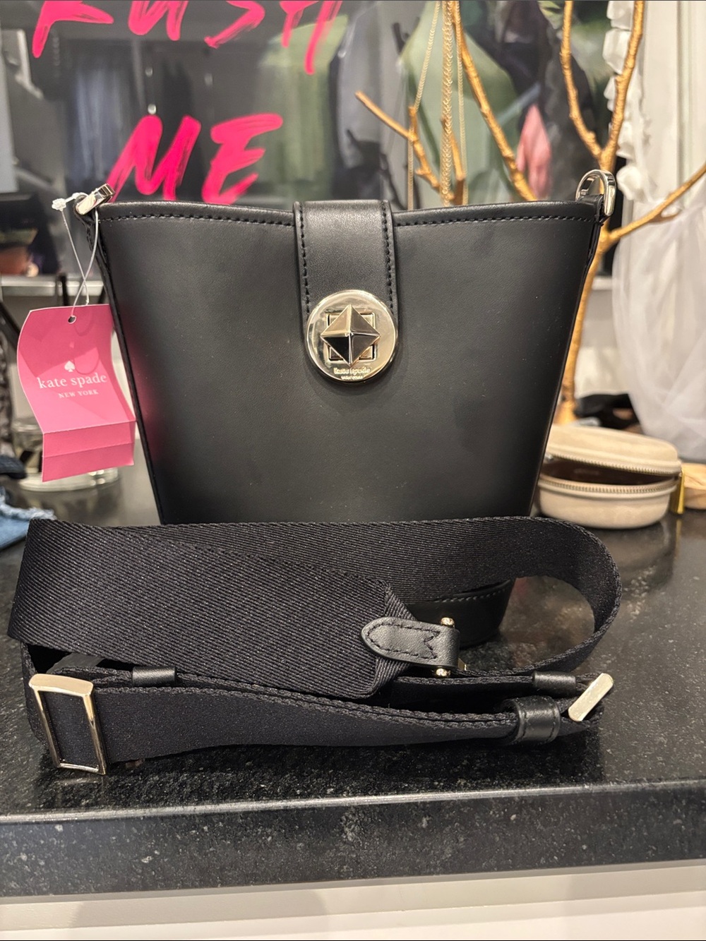 kate spade Black Leather Mini Bucket Shoulder Bag with Gold-Tone Medallion